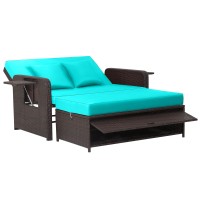 Tangkula Patio Rattan Daybed Set, Wicker Loveseat Sofa W/Multipurpose Ottoman & Retractable Side Tray, 4-Level Adjustable Backrest, Footstool W/Storage, Soft Cushion Included (Turquoise)