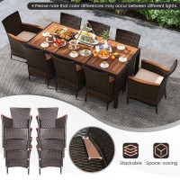 Tangkula 9 Piece Outdoor Dining Set, Patio Wicker Furniture Set With Acacia Wood Table Top W/Umbrella Hole, Rattan Dining Table Chairs Conversation Set Perfect For Outdoor And Indoor