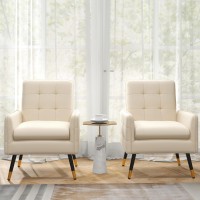 Giantex Modern Mid-Century Accent Chair Set Of 2 - Upholstered Armchair With Tufted Back, Metal Legs, Adjustable Foot Pads, Fabric Single Sofa Chair For Reading, Living Room Chair For Bedroom, White