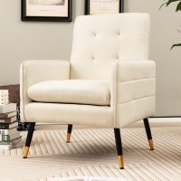 Giantex Modern Mid-Century Accent Chair Set Of 2 - Upholstered Armchair With Tufted Back, Metal Legs, Adjustable Foot Pads, Fabric Single Sofa Chair For Reading, Living Room Chair For Bedroom, White