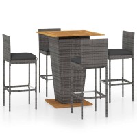 Vidaxl Patio Bar Set With Cushions - 5-Piece Poly Rattan In Gray - Includes 1 Table & 4 Stools - Weather-Resistant - Comfortable Seating With Footrest - Sturdy Acacia Wood And Steel Frame