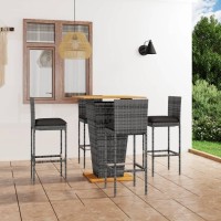 Vidaxl Patio Bar Set With Cushions - 5-Piece Poly Rattan In Gray - Includes 1 Table & 4 Stools - Weather-Resistant - Comfortable Seating With Footrest - Sturdy Acacia Wood And Steel Frame