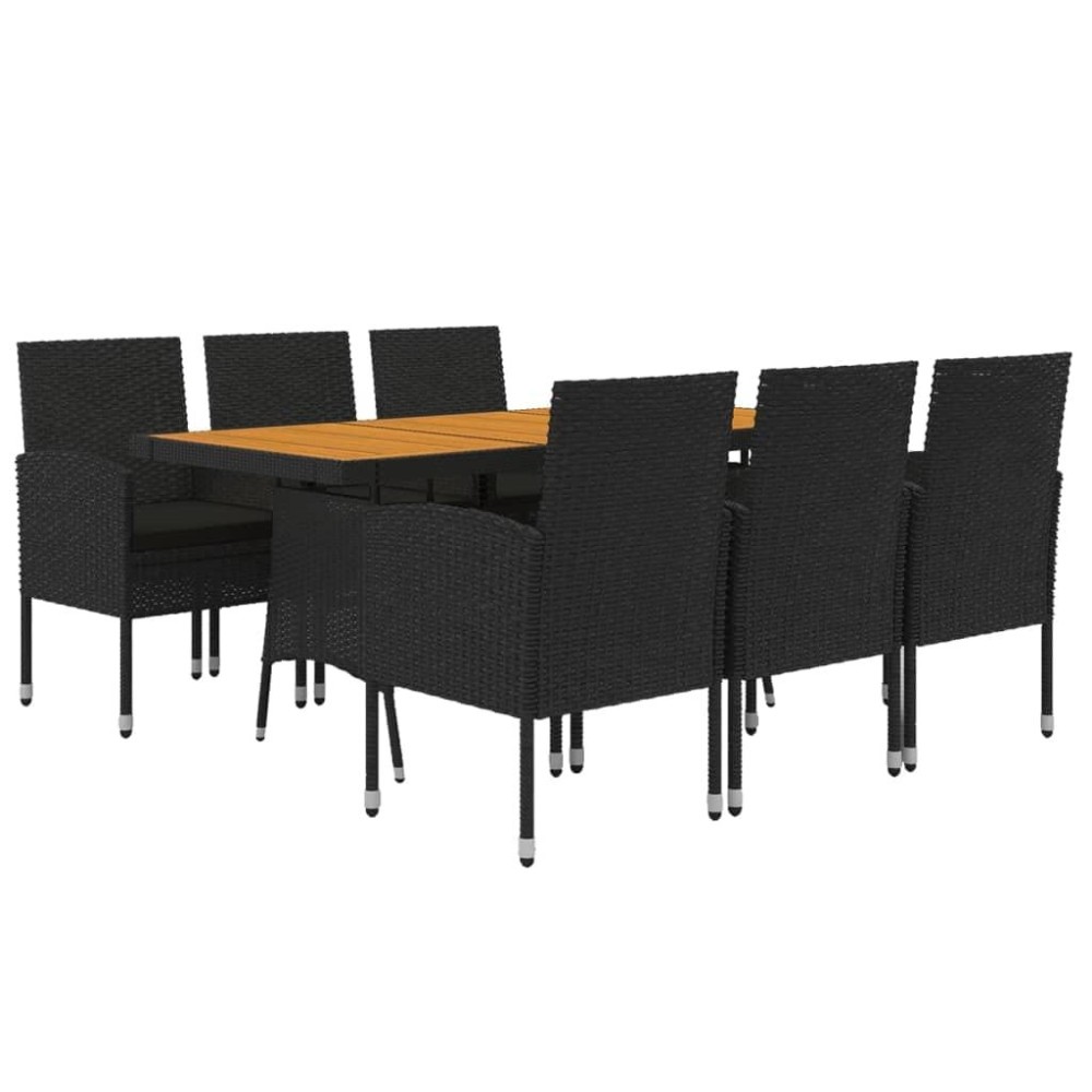 Vidaxl 7-Piece Outdoor Dining Set - Black Poly Rattan & Solid Acacia Wood With Cushions - Garden And Patio Furniture Set