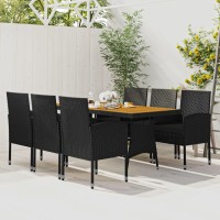 Vidaxl 7-Piece Outdoor Dining Set - Black Poly Rattan & Solid Acacia Wood With Cushions - Garden And Patio Furniture Set