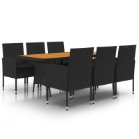 Vidaxl 7-Piece Outdoor Dining Set - Black Poly Rattan & Solid Acacia Wood With Cushions - Garden And Patio Furniture Set