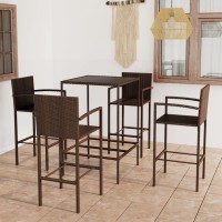 vidaXL 5 Piece Patio Bar Set Brown Poly Rattan with PowderCoated Steel Frame Tempered Glass Tabletop Outdoor and Stylish I