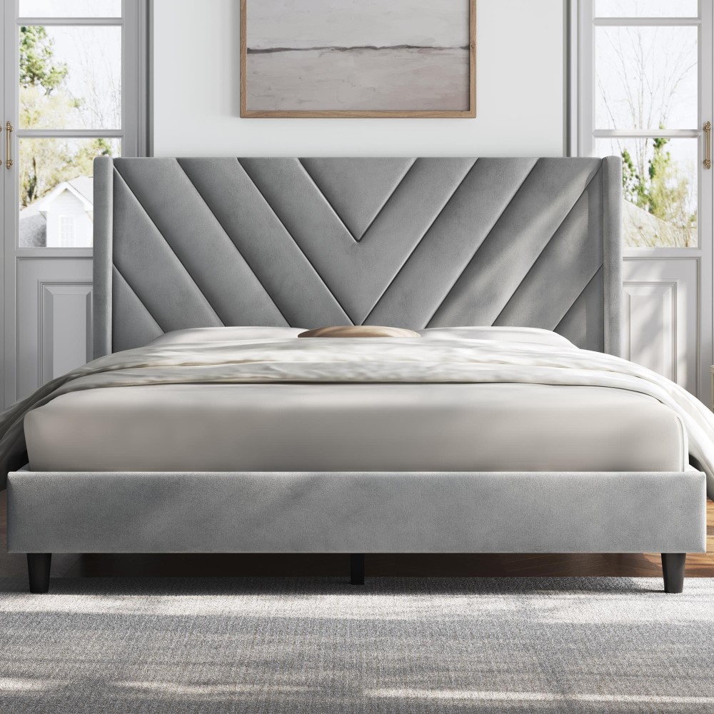 Yaheetech Queen Bed Frame Upholstered Platform Bed With Wing Sidewooden Slat Supporttufted Headboard With Wing Sidemattress F