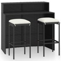 Vidaxl 3 Piece Patio Bar Set - Elegant Outdoor Furniture With Comfortable Cushions, Weather-Resistant Pe Rattan Design, Powder-Coated Steel Frame, Black With Cream White Cushions.
