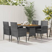 Vidaxl Poly Rattan Outdoor Patio Dining Set - 5-Piece Set With Solid Acacia Wood Table And Water-Resistant Gray Rattan Chairs With Cushions.