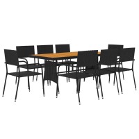 vidaXL Black Poly Rattan Patio Dining Set 9 Piece Outdoor Dining Table and Chair Sets with Sturdy Steel Frame and Acacia Wood