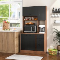 Silkydry 71??Buffet With Hutch, Freestanding Pantry Storage Cabinet With 3 Drawers, Adjustable Shelves, Kitchen Hutch With Microwave Countertop For Dining Room (Walnut & Black)
