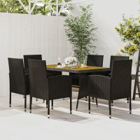 Vidaxl Black Poly Rattan 7 Piece Patio Dining Set With Comfortable Cushioned Chairs And Solid Acacia Wood Table - Outdoor Furniture