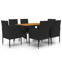 Vidaxl Black Poly Rattan 7 Piece Patio Dining Set With Comfortable Cushioned Chairs And Solid Acacia Wood Table - Outdoor Furniture
