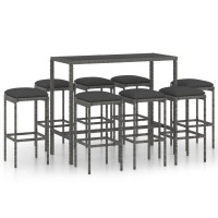 Vidaxl 9 Piece Patio Bar Set With Cushions, Poly Rattan Gray, Stylish Garden Furniture, Outdoor Entertainment, Weather-Resistant And Durable, Includes 8 Stools And 1 Table, Farmhouse Modern Design