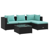 Vidaxl 5 Piece Patio Lounge Set - Weather-Resistant Pe Rattan Outdoor Furniture Set, Black With Water Blue Cushions, Includes Coffee Table, Modular Design