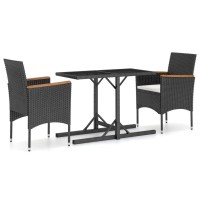 Vidaxl Patio Dining Set In Black - 3-Piece Set With Glass Tabletop, Rattan Chairs, Cushions & Solid Acacia Wood Armrests For Outdoor Comfort