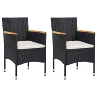 Vidaxl Patio Dining Set In Black - 3-Piece Set With Glass Tabletop, Rattan Chairs, Cushions & Solid Acacia Wood Armrests For Outdoor Comfort