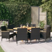 Vidaxl 9-Piece Outdoor Patio Dining Set, Solid Acacia Wood Construction, Comfortable Design With Cushions, Parasol Accommodating Table, Sleek Black Pe Rattan Chairs