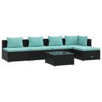 Vidaxl 6-Piece Patio Lounge Set With Cushions - Durable Poly Rattan Set - Black And Water Blue - Waterproof And Comfortable - Modular Design - Including Sofa, Footrest And Coffee Table