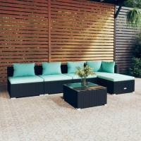 Vidaxl 6-Piece Patio Lounge Set With Cushions - Durable Poly Rattan Set - Black And Water Blue - Waterproof And Comfortable - Modular Design - Including Sofa, Footrest And Coffee Table