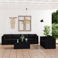 Vidaxl Outdoor Poly Rattan 7 Piece Lounge Set With Cushions - Sleek Black Patio Furniture Set - Modern Design With Tempered Glass Coffee Table
