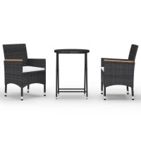 Vidaxl 3 Piece Black Patio Bistro Set - Poly Rattan And Tempered Glass, Include Comfortable Cushions And Foldable Table - Ideal For Small Outdoor Spaces