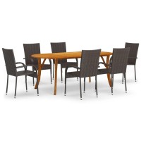 Vidaxl 7 Piece Patio Dining Set In Brown - Solid Acacia Wood Table, Pe-Rattan Upholstered Chairs, Stylish And Outdoor-Ready Furniture Set For Patios