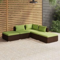 Vidaxl 5-Piece Patio Lounge Set - Outdoor Pe Rattan/Wicker Furniture Set - Sturdy Powder-Coated Steel Frame - Weather-Resistant And Comfortable - Modular Design - Brown Frame With Green Cushions