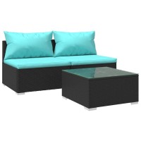 vidaXL 3 Piece Patio Lounge Set with Cushions Poly Rattan Black 3101401