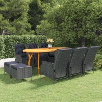 Vidaxl Patio Dining Set 9 Piece - Dark Gray Pe Rattan Chairs & Solid Acacia Wood Table With Oil Finish - Includes Seat & Back Cushions - Reclining Function