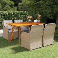 Vidaxl 5-Piece Patio Dining Set With Acacia Wood Table And Pe Rattan Chairs - Weather-Resistant Outdoor Furniture With Padded Cushions - Brown/Cream
