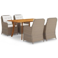 Vidaxl 5-Piece Patio Dining Set With Acacia Wood Table And Pe Rattan Chairs - Weather-Resistant Outdoor Furniture With Padded Cushions - Brown/Cream
