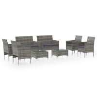 Vidaxl 8-Piece Patio Lounge Set, Strong Pe Rattan, Steel Frame, Grey, Comfortable, Thick Padding, Removable & Washable Cushion Covers