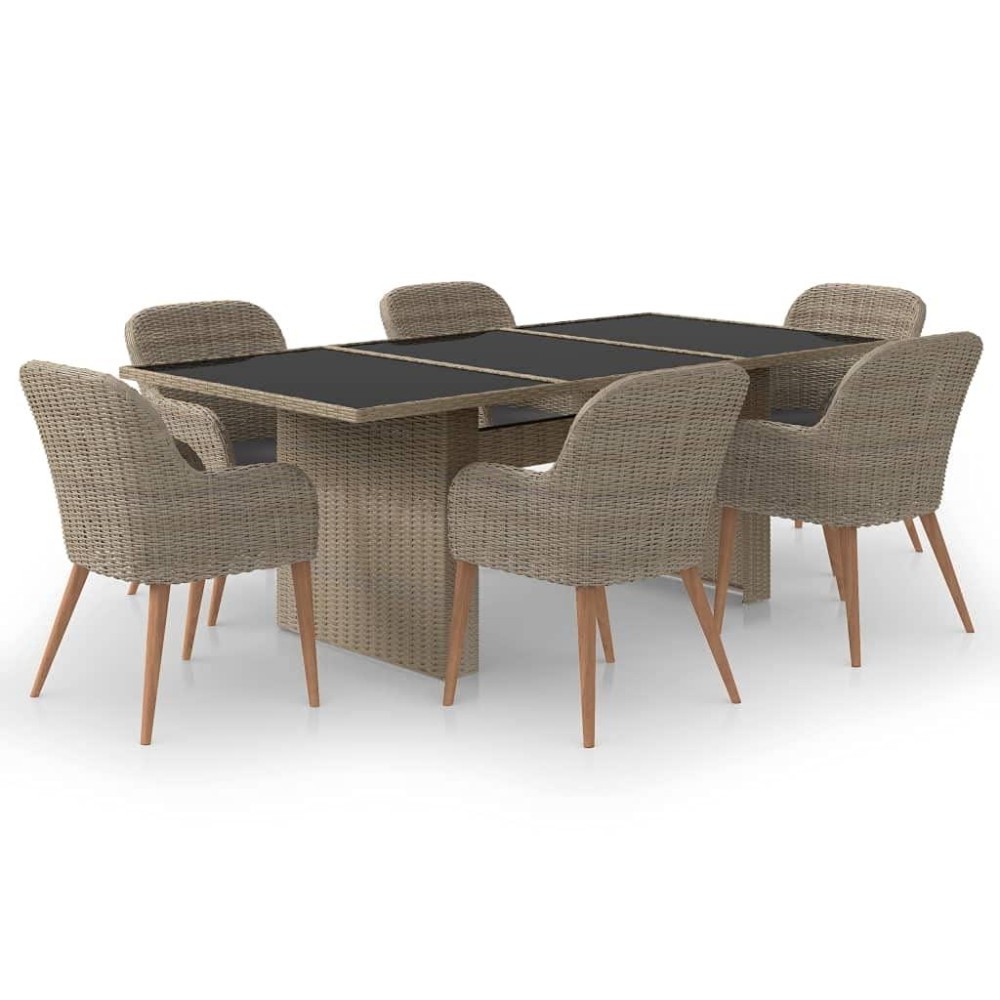 Vidaxl 7-Piece Scandinavian-Style Patio Dining Set - Poly Rattan, Brown - Weather-Resistant, Low-Maintenance And Comfortable - Includes Table, 6 Chairs And Cushions.