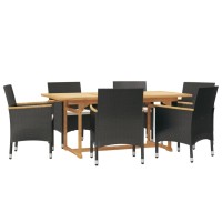 Vidaxl 7 Piece Black Patio Dining Set With Cushions - Solid Acacia Wood Table And Pe Rattan Chairs With Cream White Polyester Cushions - Outdoor Furniture For Garden, Yard, Or Terrace