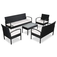 Vidaxl Black Poly Rattan Patio Lounge Set With Cream Cushions- Stylish 5 Piece Outdoor Sofa Set For Garden Or Patio