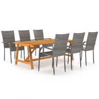 Vidaxl 7-Piece Patio Dining Set - Gray Color- Robust Acacia Wood Table And Pe Rattan Chairs - Weather-Resistant - Easy Assembly Required - Suitable For Outdoor Gatherings