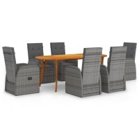 Vidaxl 7 Piece Patio Dining Set, Solid Acacia Wood Table And Pe Rattan Chairs With Thick Cushions, Gray - Outdoor Furniture For Patio, Garden, Or Deck