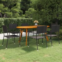 Vidaxl Modern 7 Piece Patio Dining Set With Solid Acacia Wood Table And Pe Rattan Chairs In Black