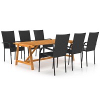 Vidaxl Patio Dining Set - Solid Acacia Wood And Black Pe Rattan - Weather-Resistant Outdoor Furniture Set - 7 Pieces (6 Chairs And 1 Table)
