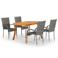 vidaXL Modern 5Piece Patio Dining Set with Solid Acacia Wood Table and 4 Stackable PE Rattan Dining Chairs Gray