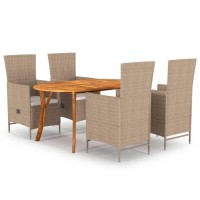 Vidaxl 7-Piece Patio Dining Set In Beige, Featuring Solid Acacia Wood Table And Weather-Resistant Pe Rattan Chairs With Powder-Coated Steel Frame And Thickly Padded Cushions