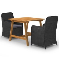 Vidaxl 3 Piece Patio Dining Set - Powder-Coated Steel Frame With Weather-Resistant Pe Rattan - Solid Acacia Wood Table - Includes Two Chairs With Dark Gray Cushions - Black