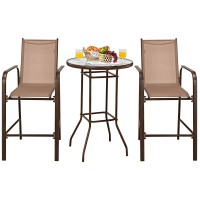 Tangkula 3 Pieces Outdoor Patio Bar Set, Outdoor Bistro Set With 2 Bar Stools And 1 Tempered Glass Bar Table, Bar Height Patio Table And Stools Set For Backyard, Garden, Lawn (Coffee)