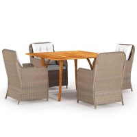 Vidaxl Modern Patio Dining Set - 5 Piece Outdoor Furniture Set With Solid Acacia Wood Table And Pe Rattan Chairs, Includes Comfortable Cushions - Brown