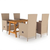 Vidaxl 5 Piece Patio Dining Set With Reclining Chairs - Beige | Solid Acacia Wood Table & Weather-Resistant Pe Rattan Chairs | With Thick Padded Cushions