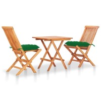 Vidaxl 3-Piece Bistro Set, Made From Solid Teak Wood With Green Cushions, Weather Resistant, Furnishing For Garden, Terrace, Patio, Dining Room