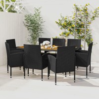 Vidaxl 9 Piece Farmhouse Patio Dining Set In Black Poly Rattan - Waterproof And Durable With Comfortable Ergonomic Chairs And Solid Acacia Wood Table