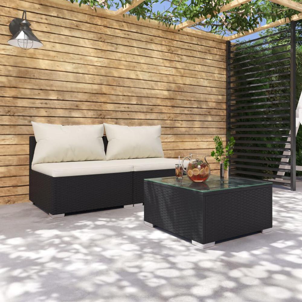 vidaXL 3 Piece Patio Lounge Set with Cushions Poly Rattan Black 3101399