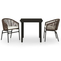 Vidaxl 3-Piece Outdoor Patio Dining Set With Pvc Rattan Chairs, Glass Tabletop And Comfortable Cushions - Brown
